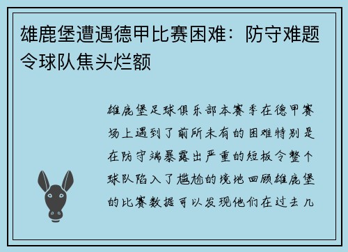 雄鹿堡遭遇德甲比赛困难：防守难题令球队焦头烂额