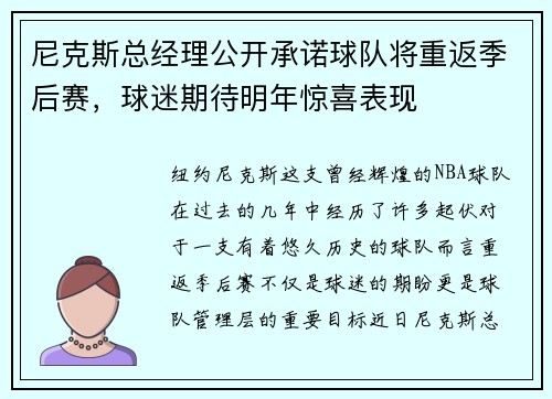 尼克斯总经理公开承诺球队将重返季后赛，球迷期待明年惊喜表现